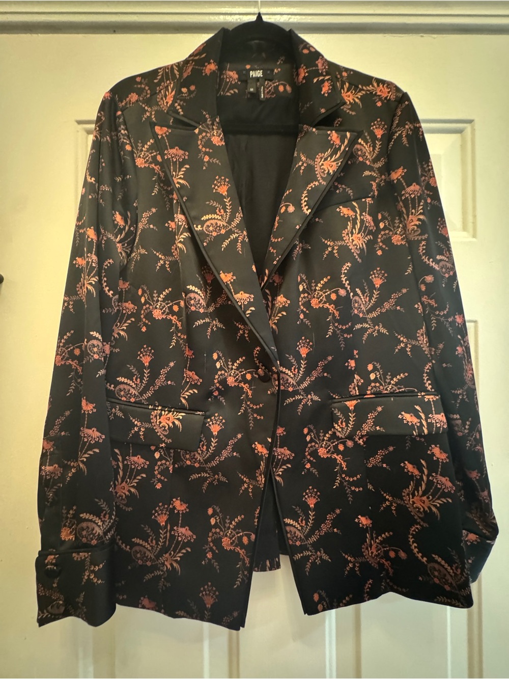 PAIGE Black Blazer with Coral-Orange Floral Lining